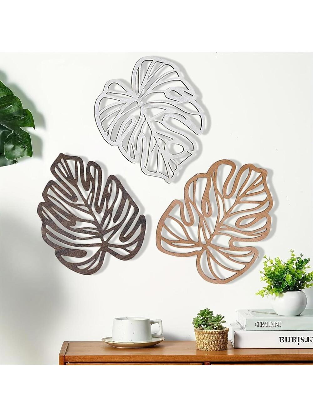 Palm Leaves Wood Wall Decor, 3Pcs Mostera Wall Art Jungle Decor, Wooden Nature